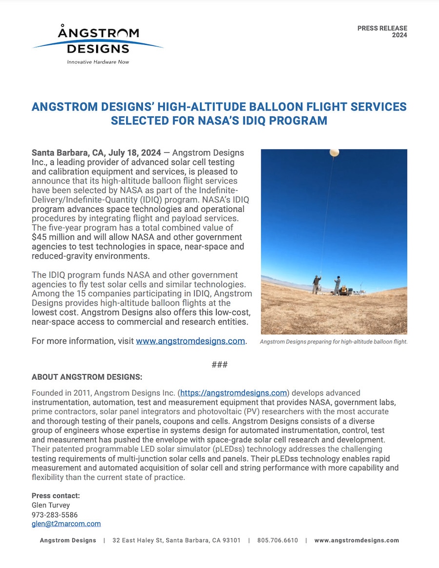 Angstrom Designs' High Altitude Balloon Flight Services Selected for NASA's IDIQ Program